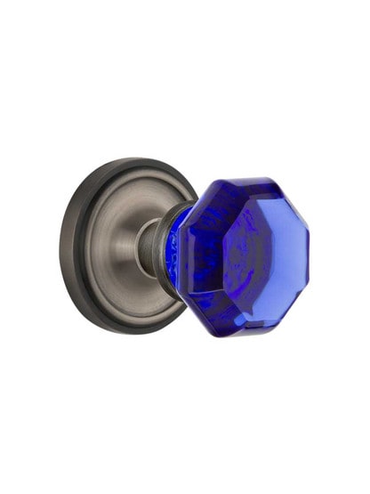 Classic Rosette Door Set with Colored Waldorf Crystal Glass Knobs Cobalt Blue in Antique Pewter.